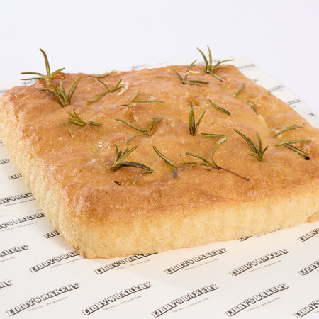 Libbys gluten free sea salt and rosemary foccacia on white background 